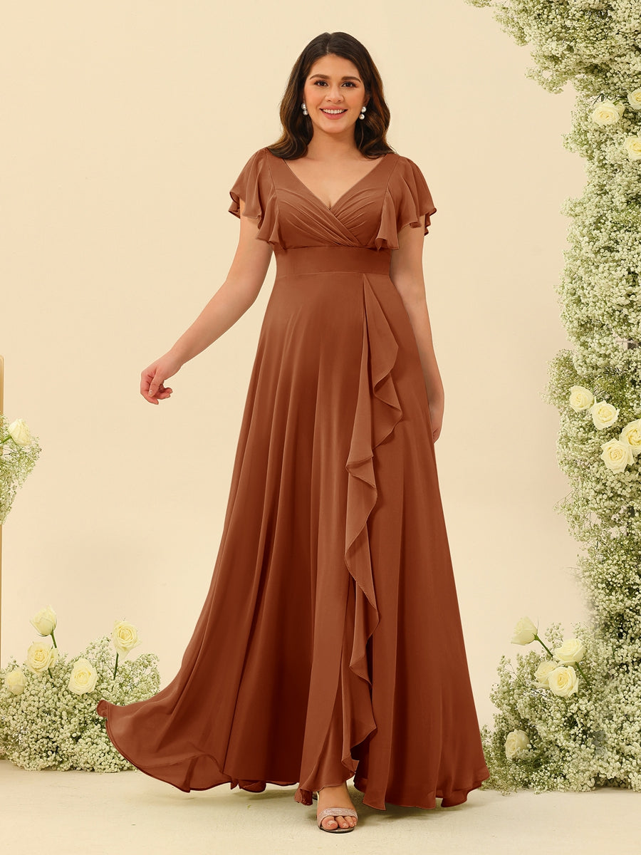 A-Line/Princess V-Neck Plus Size Bridesmaid Dresses with Ruffles Burnt Orange