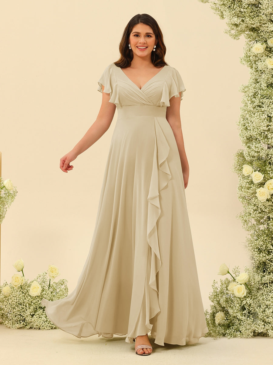 A-Line/Princess V-Neck Plus Size Bridesmaid Dresses with Ruffles Champagne