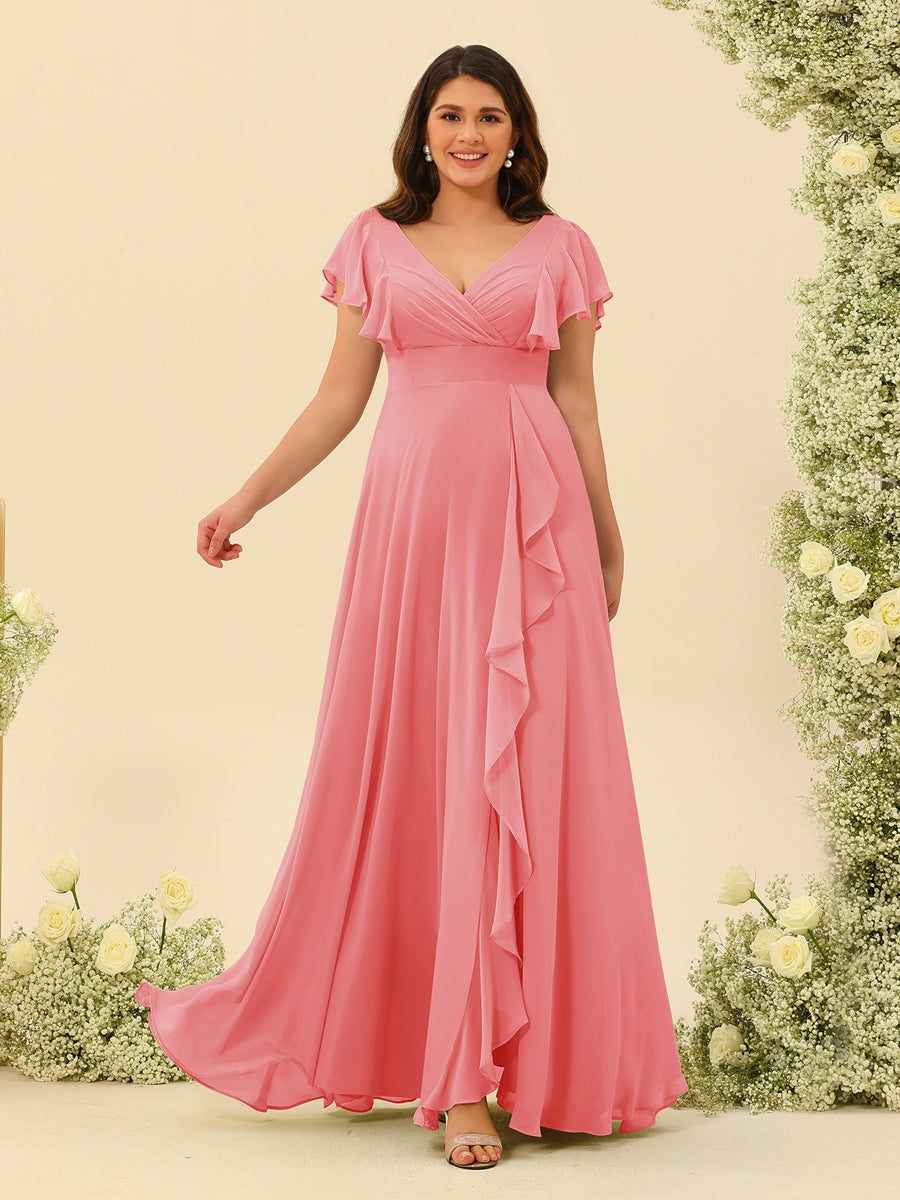 A-Line/Princess V-Neck Plus Size Bridesmaid Dresses with Ruffles Coral