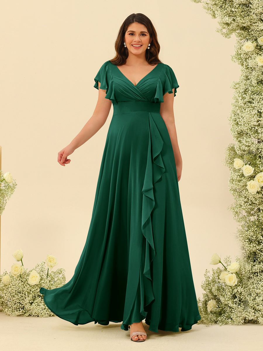 A-Line/Princess V-Neck Plus Size Bridesmaid Dresses with Ruffles Dark Green