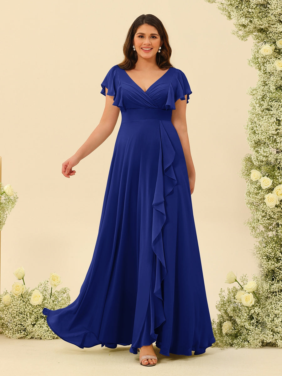 A-Line/Princess V-Neck Plus Size Bridesmaid Dresses with Ruffles Dark Royal Blue