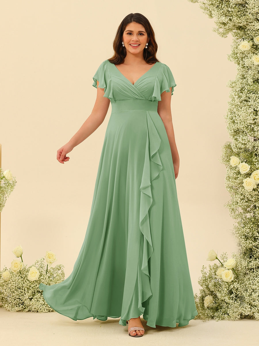 A-Line/Princess V-Neck Plus Size Bridesmaid Dresses with Ruffles Dusty Sage