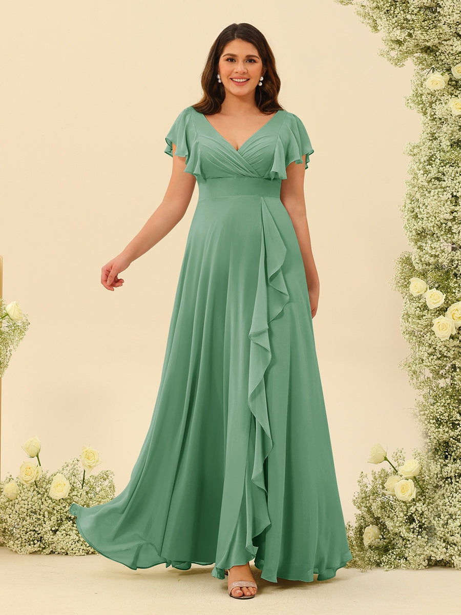 A-Line/Princess V-Neck Plus Size Bridesmaid Dresses with Ruffles Eucalyptus