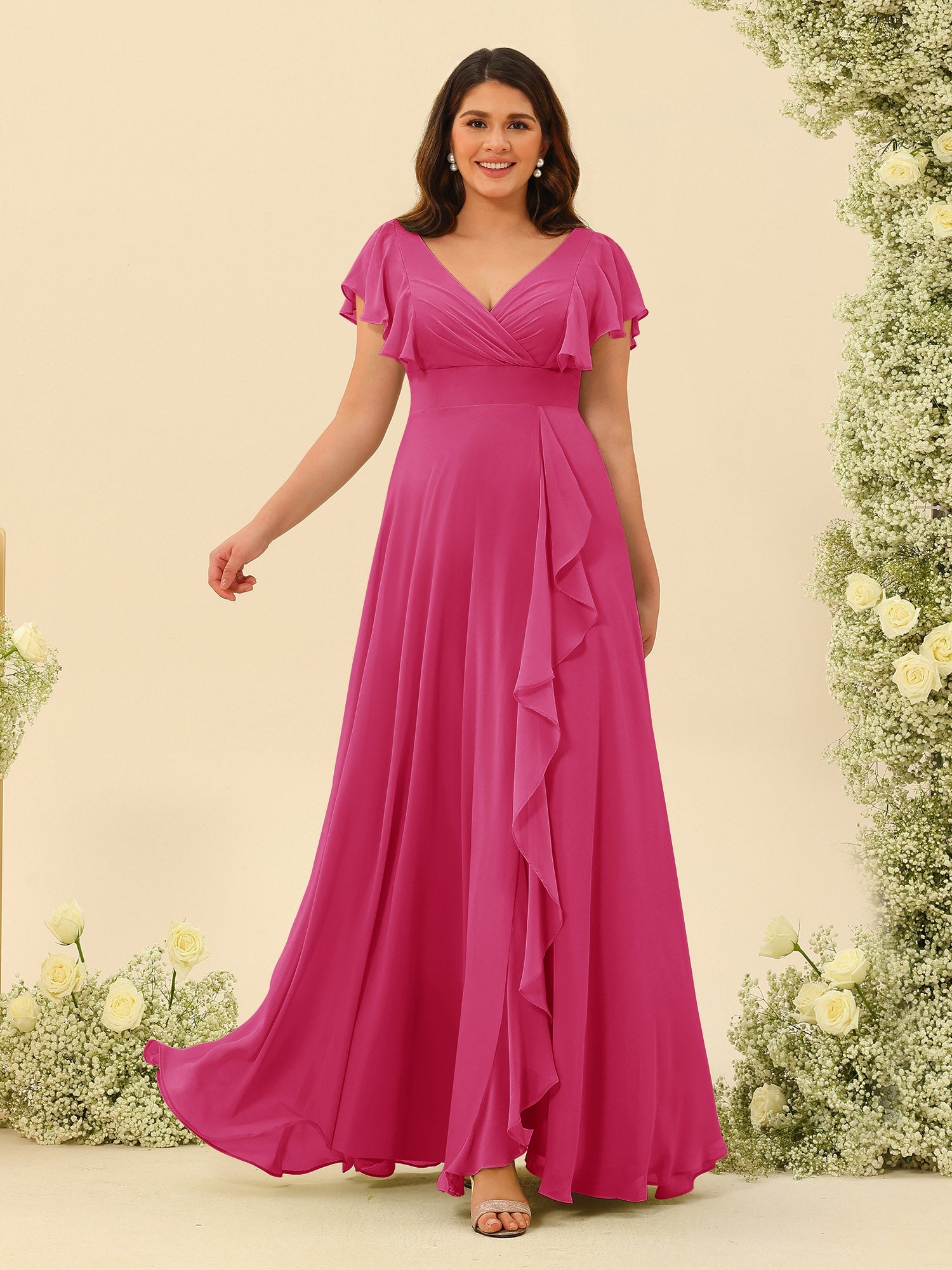 A-Line/Princess V-Neck Plus Size Bridesmaid Dresses with Ruffles Fuchsia
