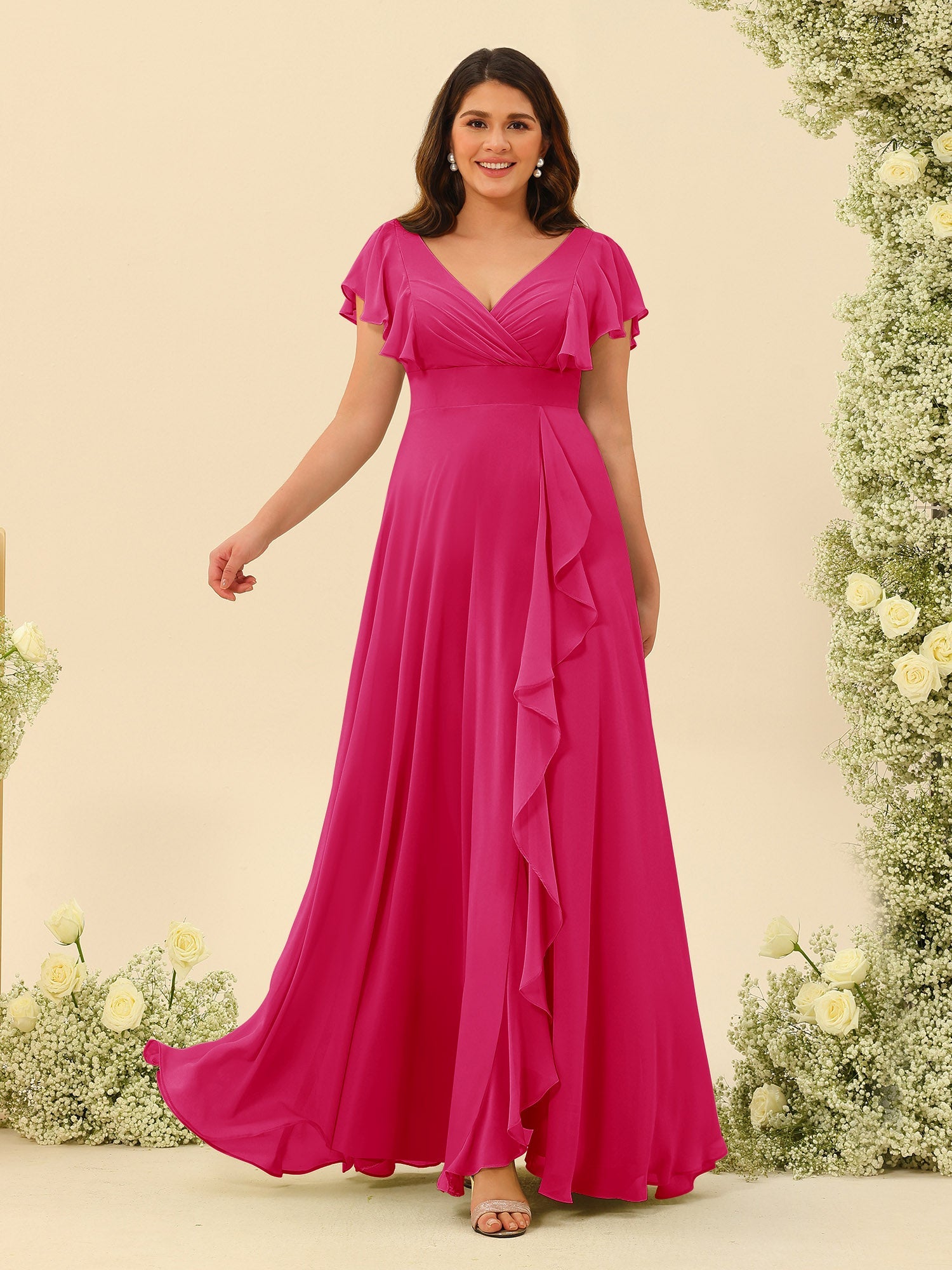 A-Line/Princess V-Neck Plus Size Bridesmaid Dresses with Ruffles Fuchsia Pink