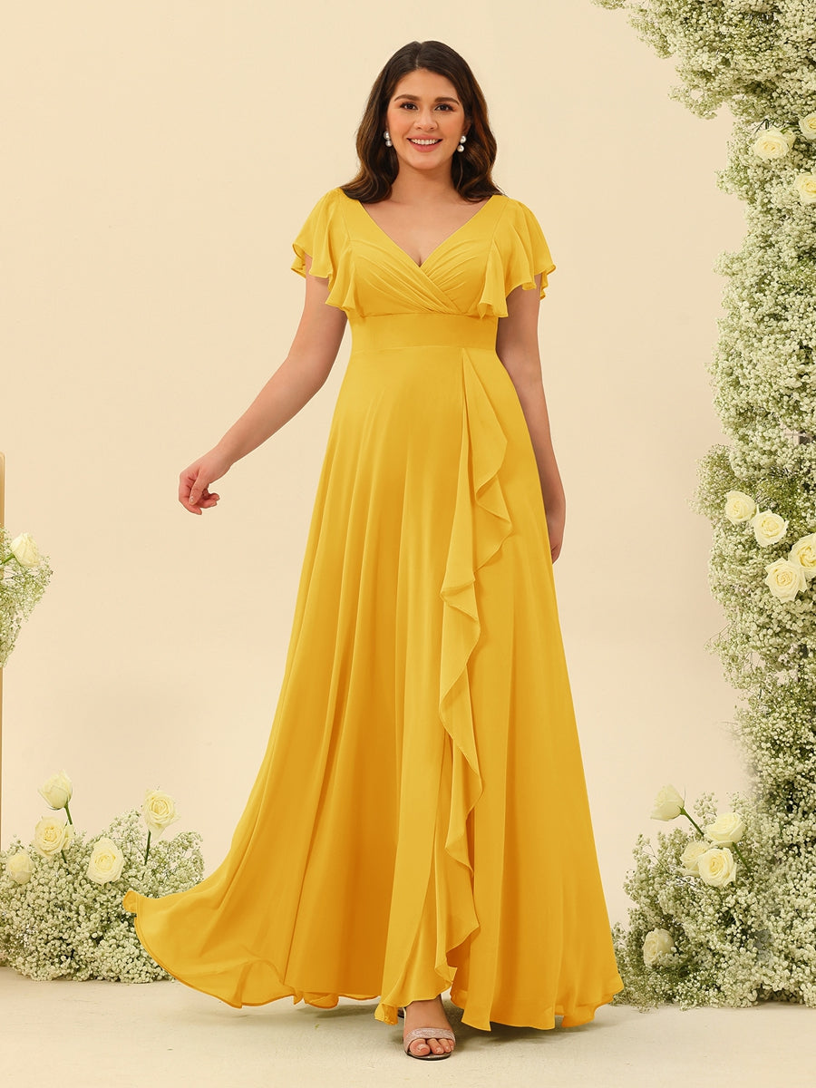 A-Line/Princess V-Neck Plus Size Bridesmaid Dresses with Ruffles Gold