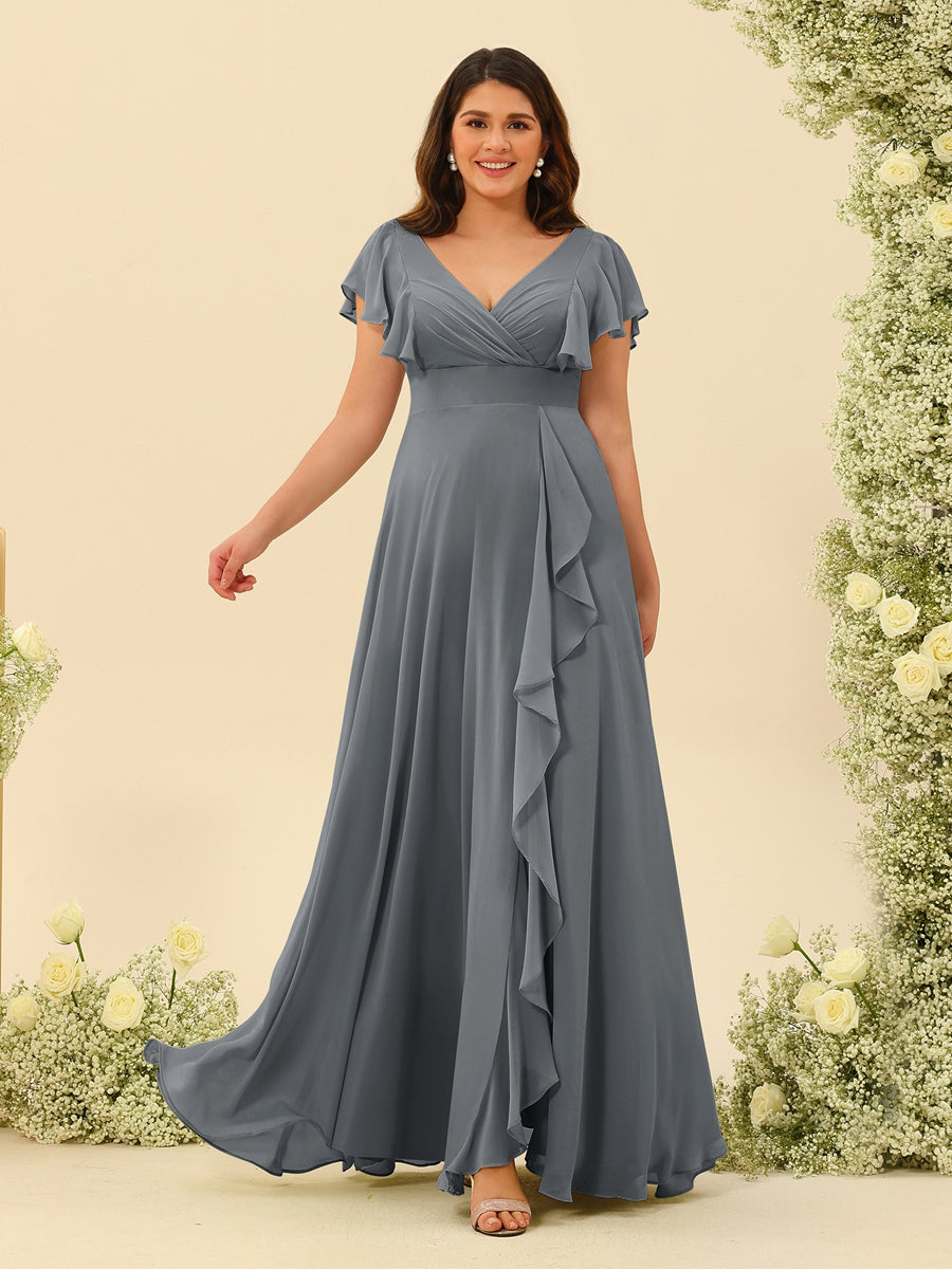 A-Line/Princess V-Neck Plus Size Bridesmaid Dresses with Ruffles Gray