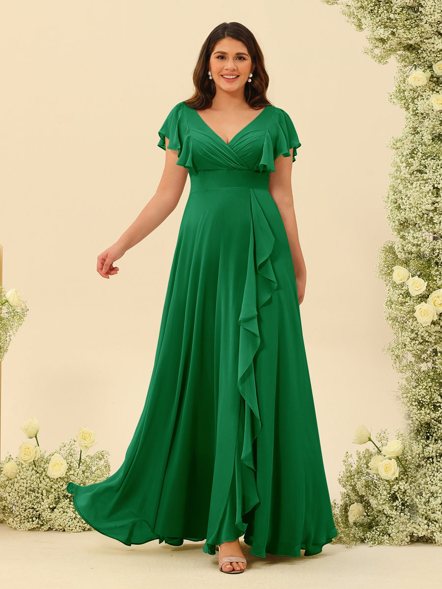 A-Line/Princess V-Neck Plus Size Bridesmaid Dresses with Ruffles Green