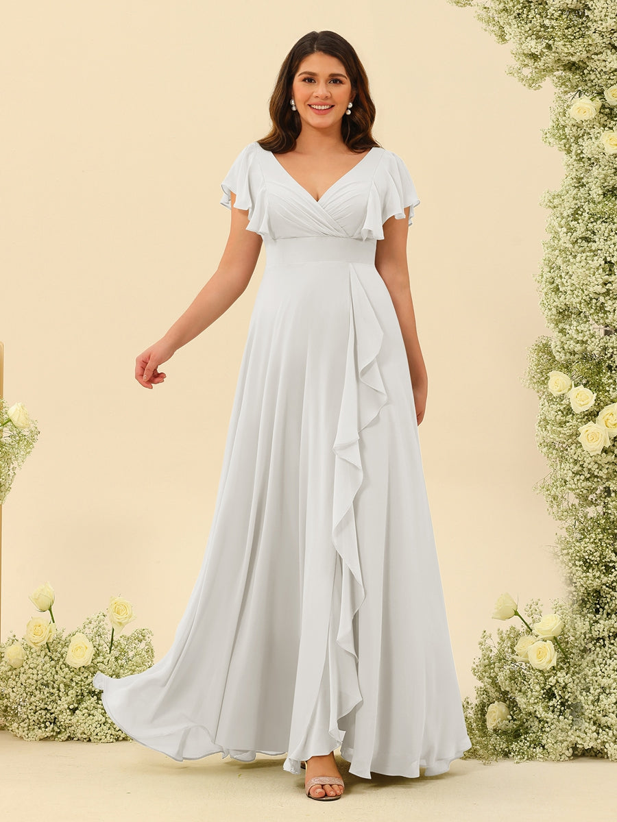 A-Line/Princess V-Neck Plus Size Bridesmaid Dresses with Ruffles Ivory