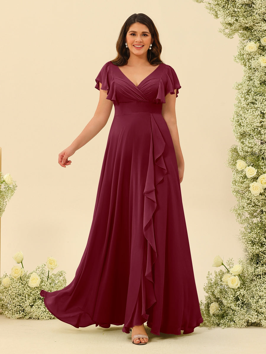 A-Line/Princess V-Neck Plus Size Bridesmaid Dresses with Ruffles Light Burgundy