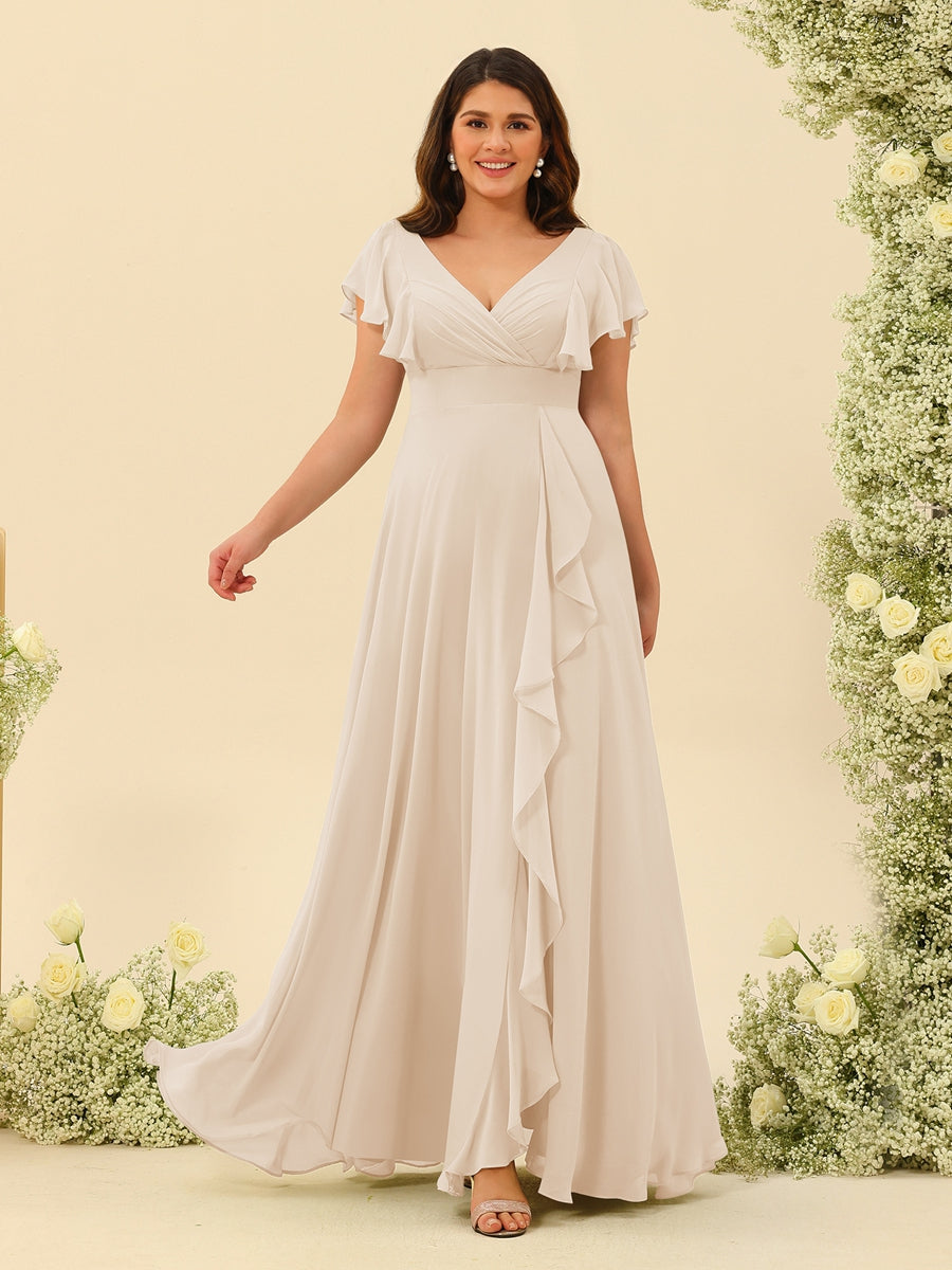 A-Line/Princess V-Neck Plus Size Bridesmaid Dresses with Ruffles Light Champagne