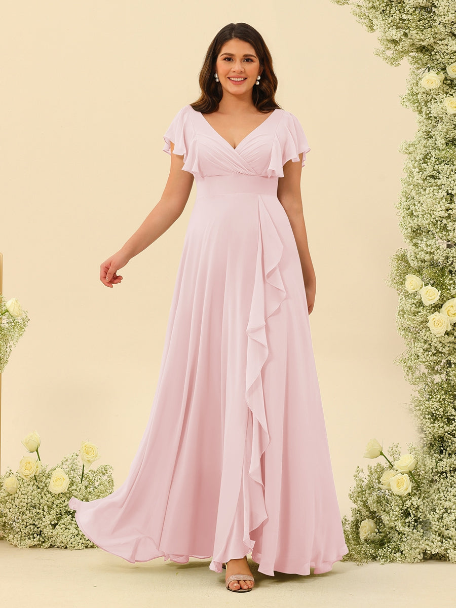 A-Line/Princess V-Neck Plus Size Bridesmaid Dresses with Ruffles Light Pink