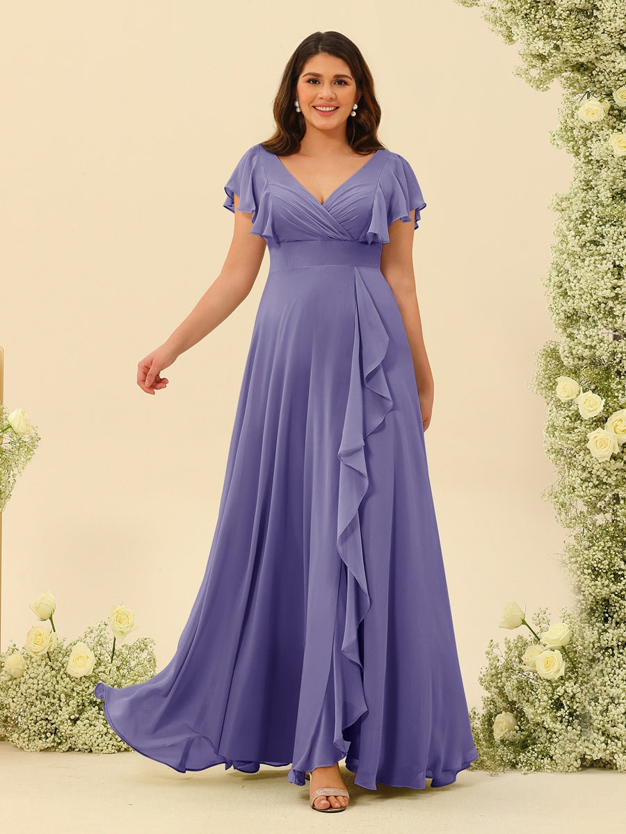A-Line/Princess V-Neck Plus Size Bridesmaid Dresses with Ruffles Light Purple