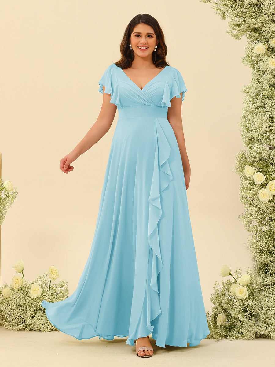 A-Line/Princess V-Neck Plus Size Bridesmaid Dresses with Ruffles Light Sky Blue