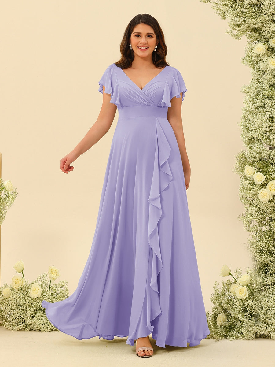 A-Line/Princess V-Neck Plus Size Bridesmaid Dresses with Ruffles Lilac