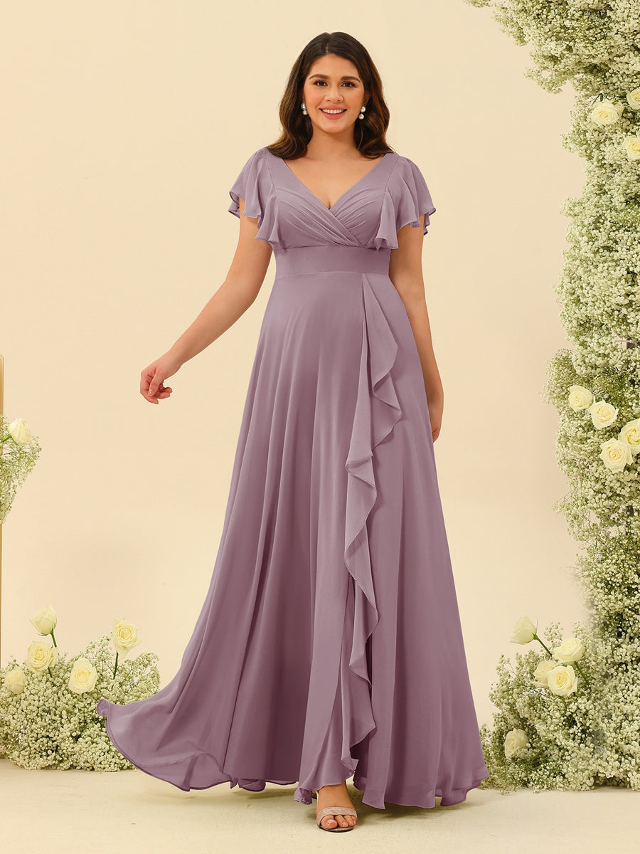 A-Line/Princess V-Neck Plus Size Bridesmaid Dresses with Ruffles Mauve