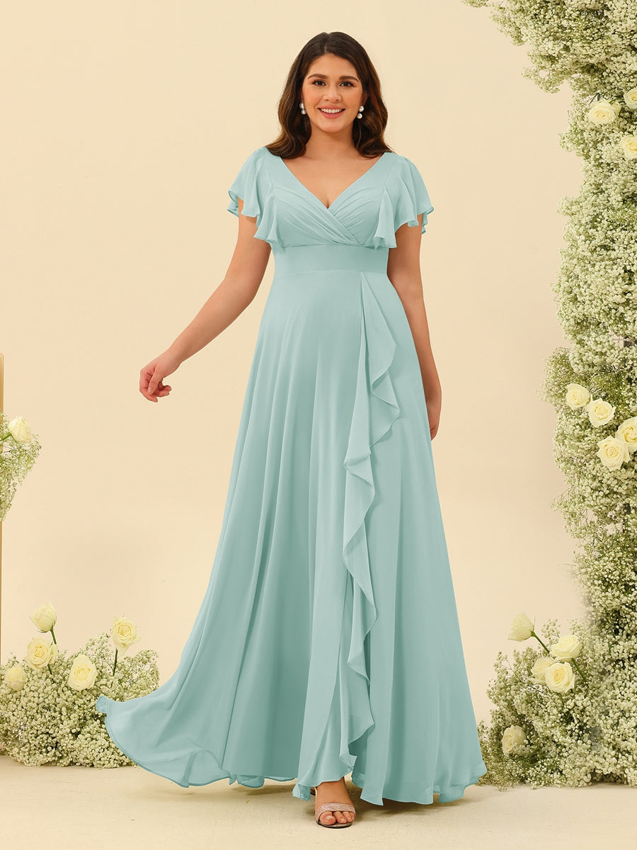A-Line/Princess V-Neck Plus Size Bridesmaid Dresses with Ruffles Mist Blue