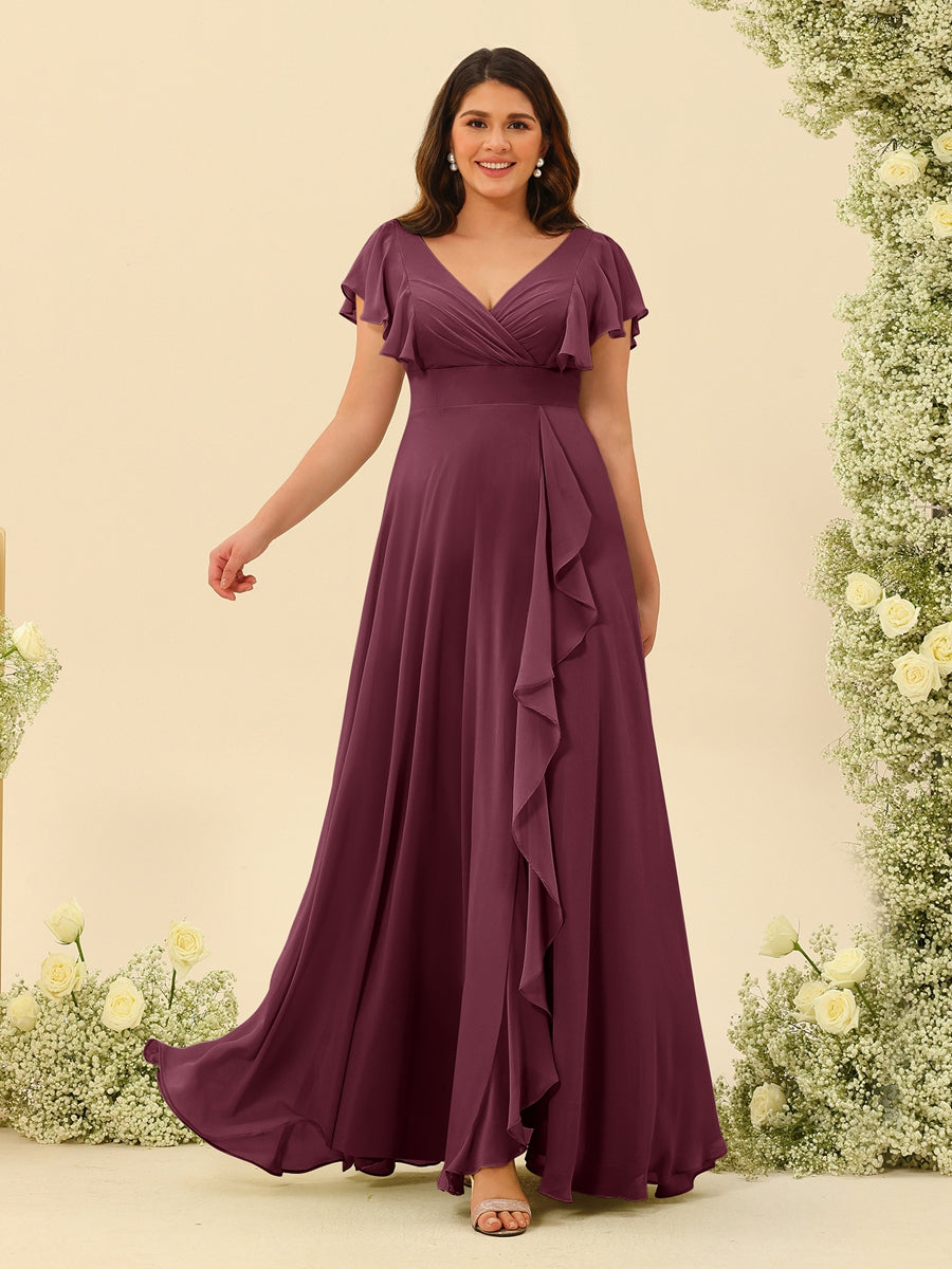 A-Line/Princess V-Neck Plus Size Bridesmaid Dresses with Ruffles Mulberry