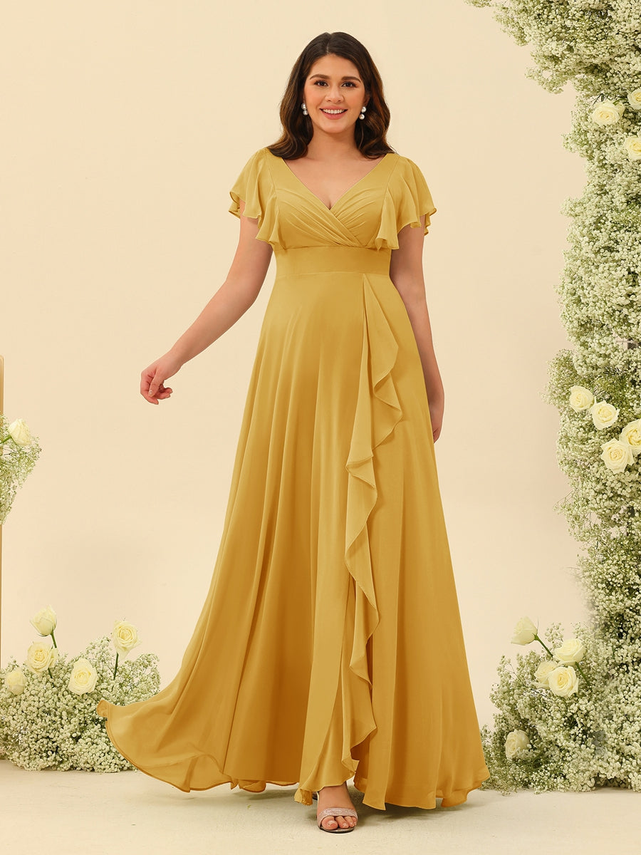 A-Line/Princess V-Neck Plus Size Bridesmaid Dresses with Ruffles Mustard Yellow