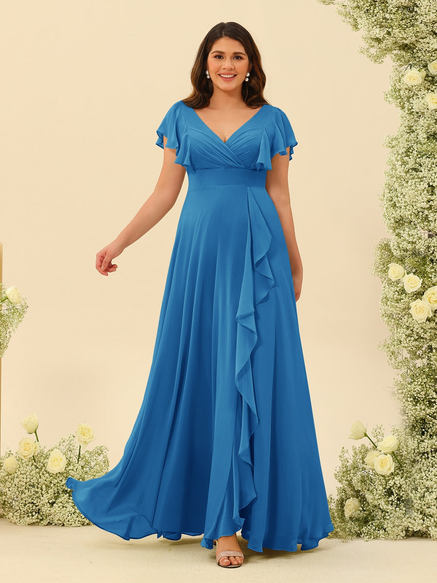 A-Line/Princess V-Neck Plus Size Bridesmaid Dresses with Ruffles Ocean Blue