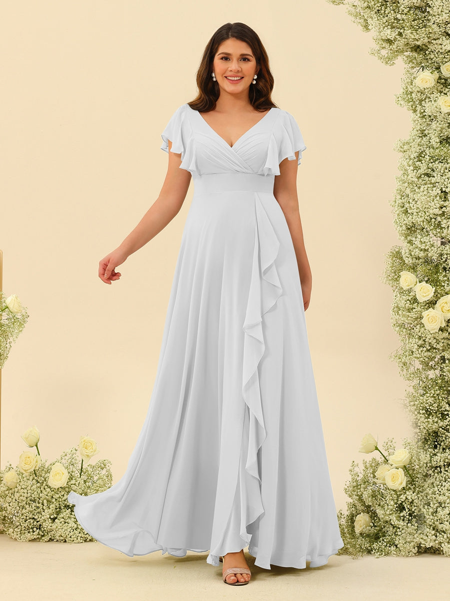A-Line/Princess V-Neck Plus Size Bridesmaid Dresses with Ruffles Off White