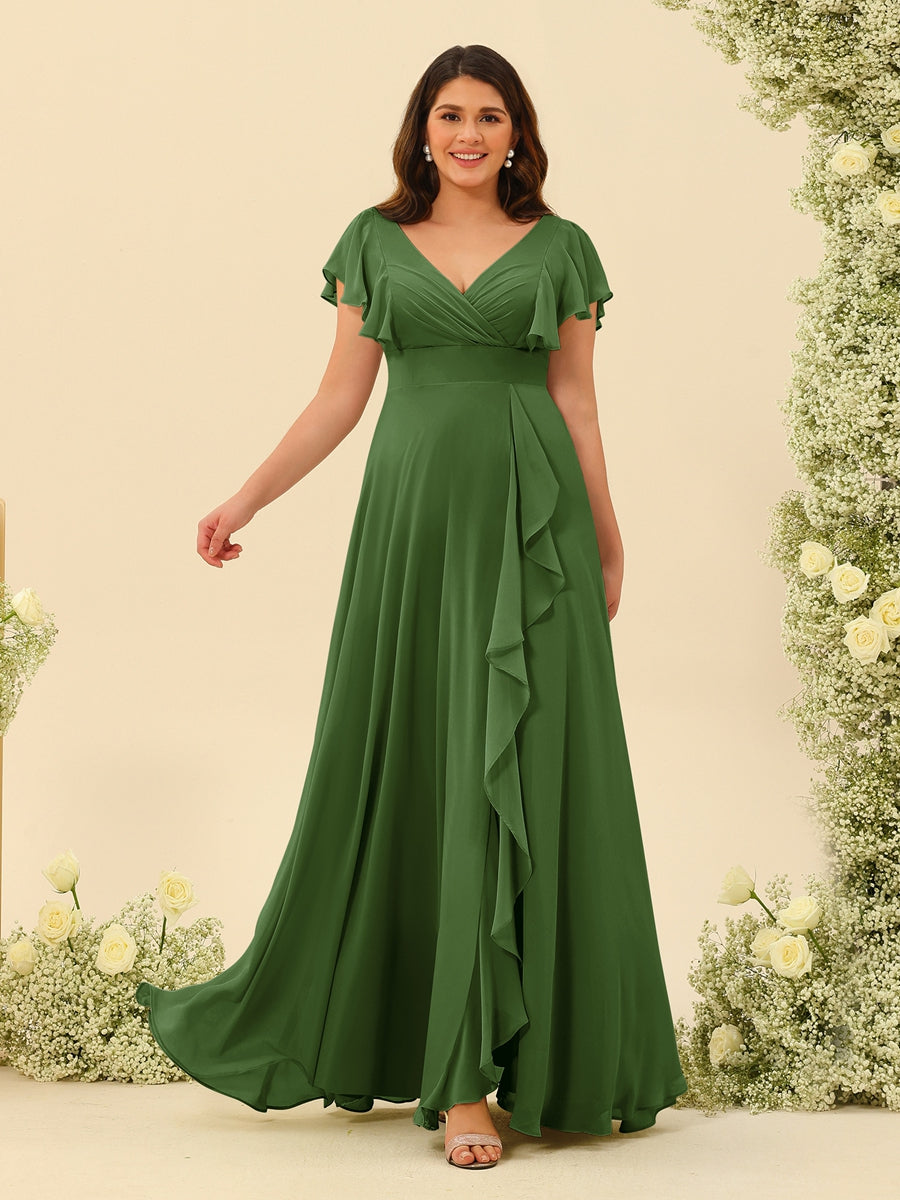A-Line/Princess V-Neck Plus Size Bridesmaid Dresses with Ruffles Olive Green