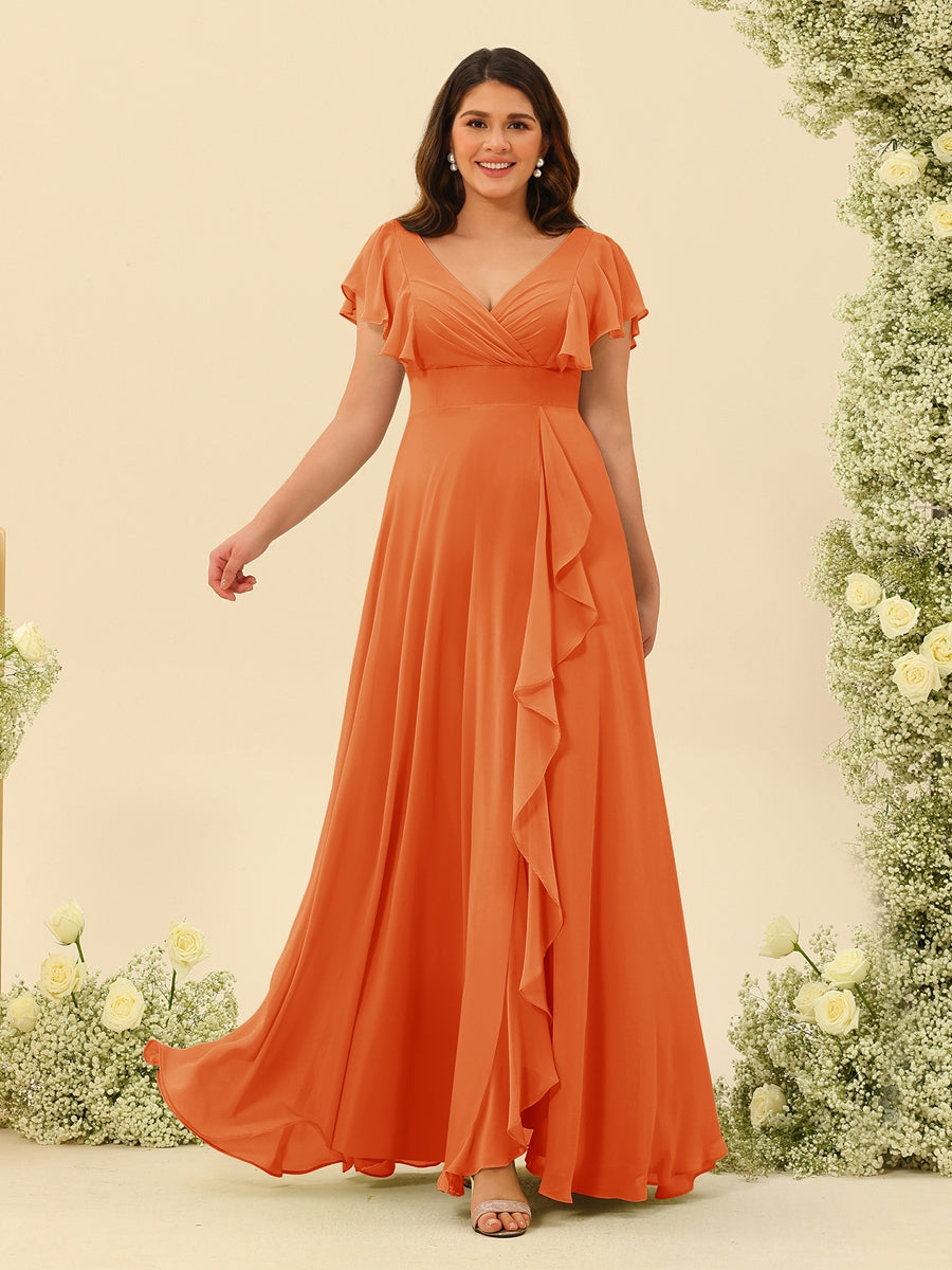 A-Line/Princess V-Neck Plus Size Bridesmaid Dresses with Ruffles Orange