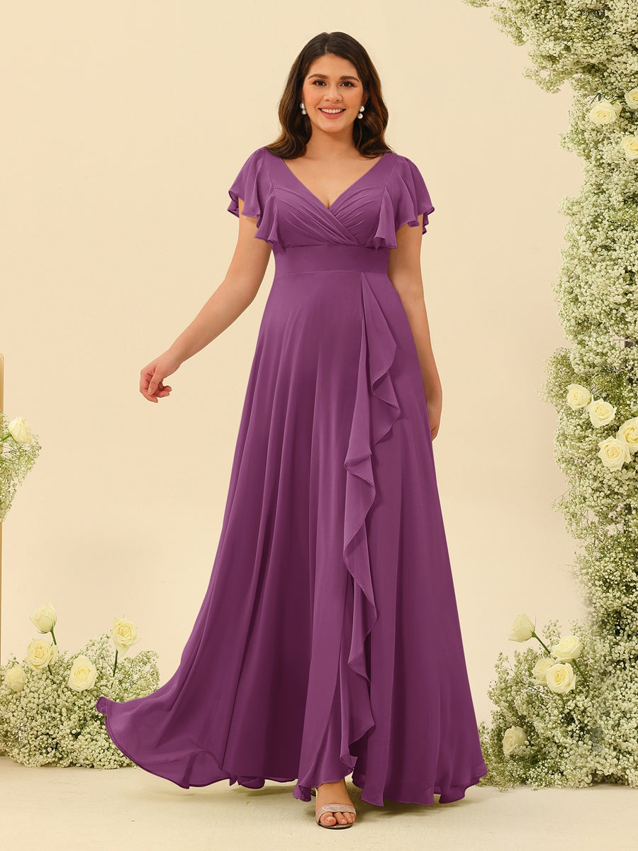 A-Line/Princess V-Neck Plus Size Bridesmaid Dresses with Ruffles Orchid