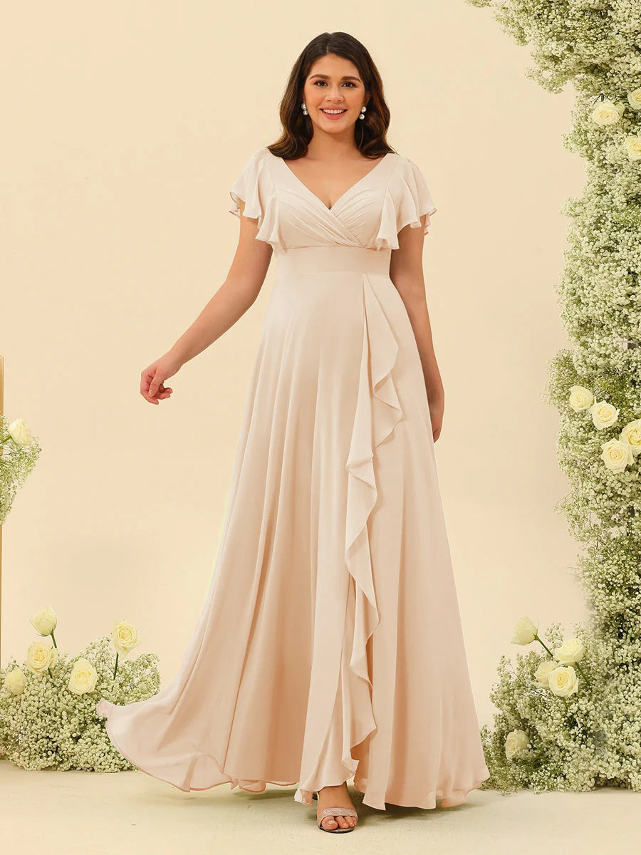 A-Line/Princess V-Neck Plus Size Bridesmaid Dresses with Ruffles Peach Pink