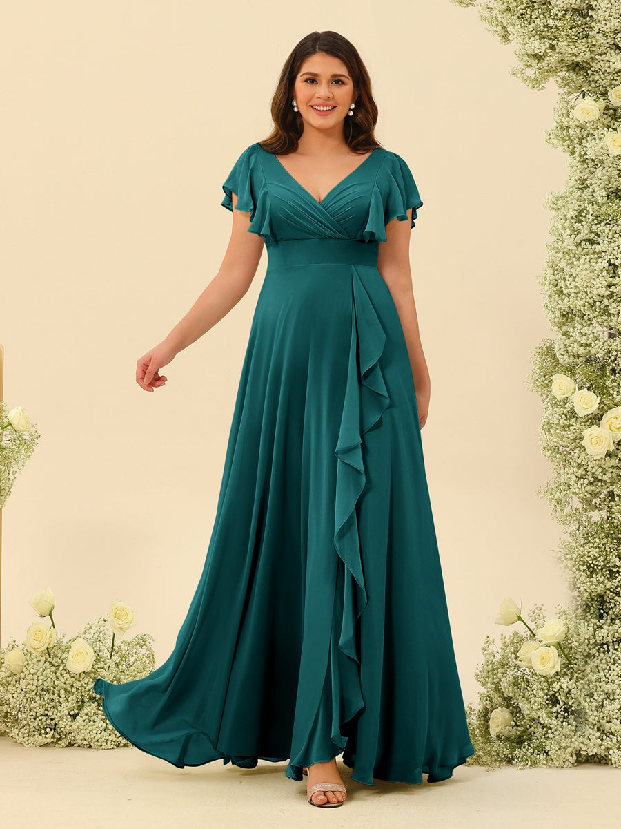 A-Line/Princess V-Neck Plus Size Bridesmaid Dresses with Ruffles Peacock