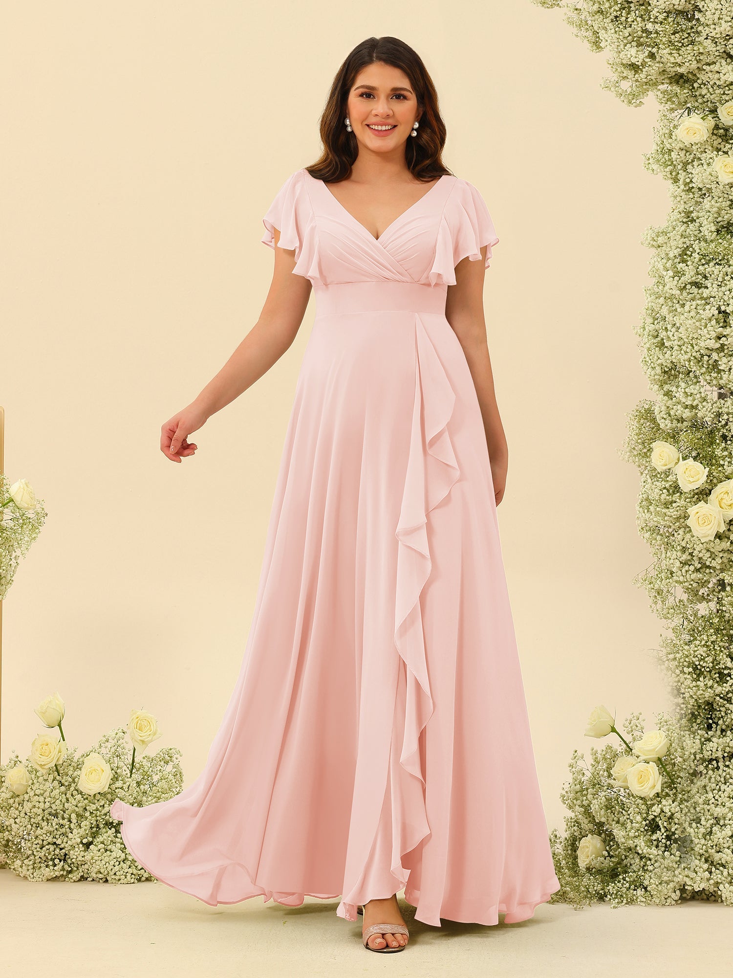 A-Line/Princess V-Neck Plus Size Bridesmaid Dresses with Ruffles Pearl Pink