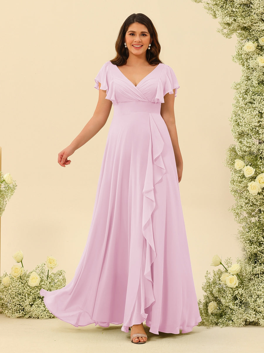 A-Line/Princess V-Neck Plus Size Bridesmaid Dresses with Ruffles Pink