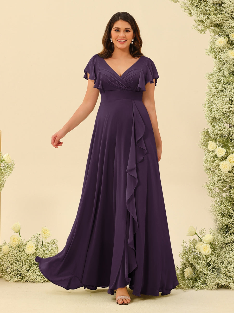 A-Line/Princess V-Neck Plus Size Bridesmaid Dresses with Ruffles Plum