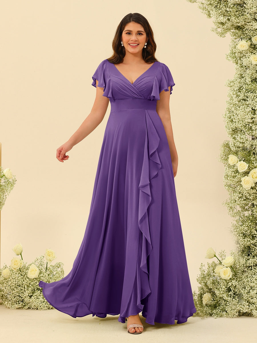 A-Line/Princess V-Neck Plus Size Bridesmaid Dresses with Ruffles Purple