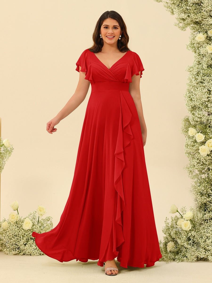 A-Line/Princess V-Neck Plus Size Bridesmaid Dresses with Ruffles Red