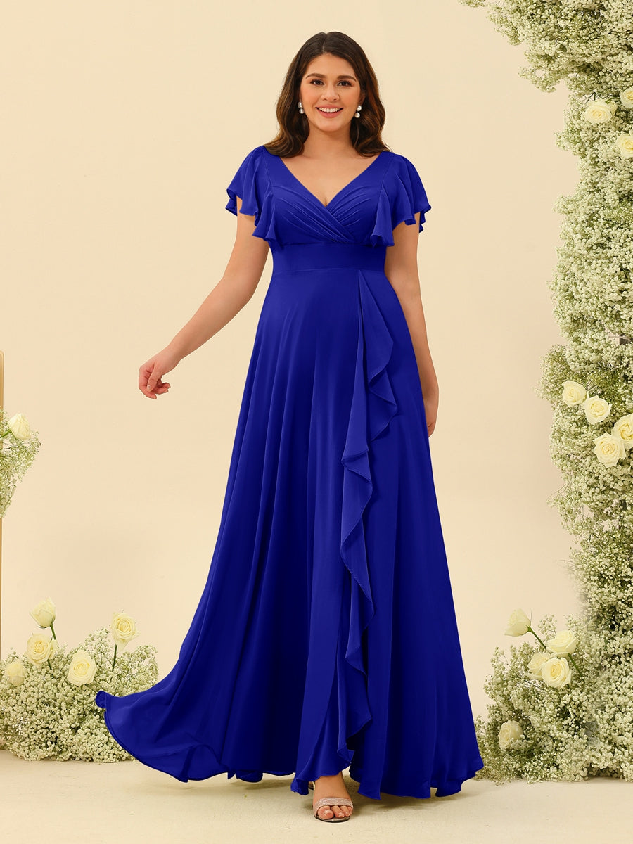 A-Line/Princess V-Neck Plus Size Bridesmaid Dresses with Ruffles Royal Blue