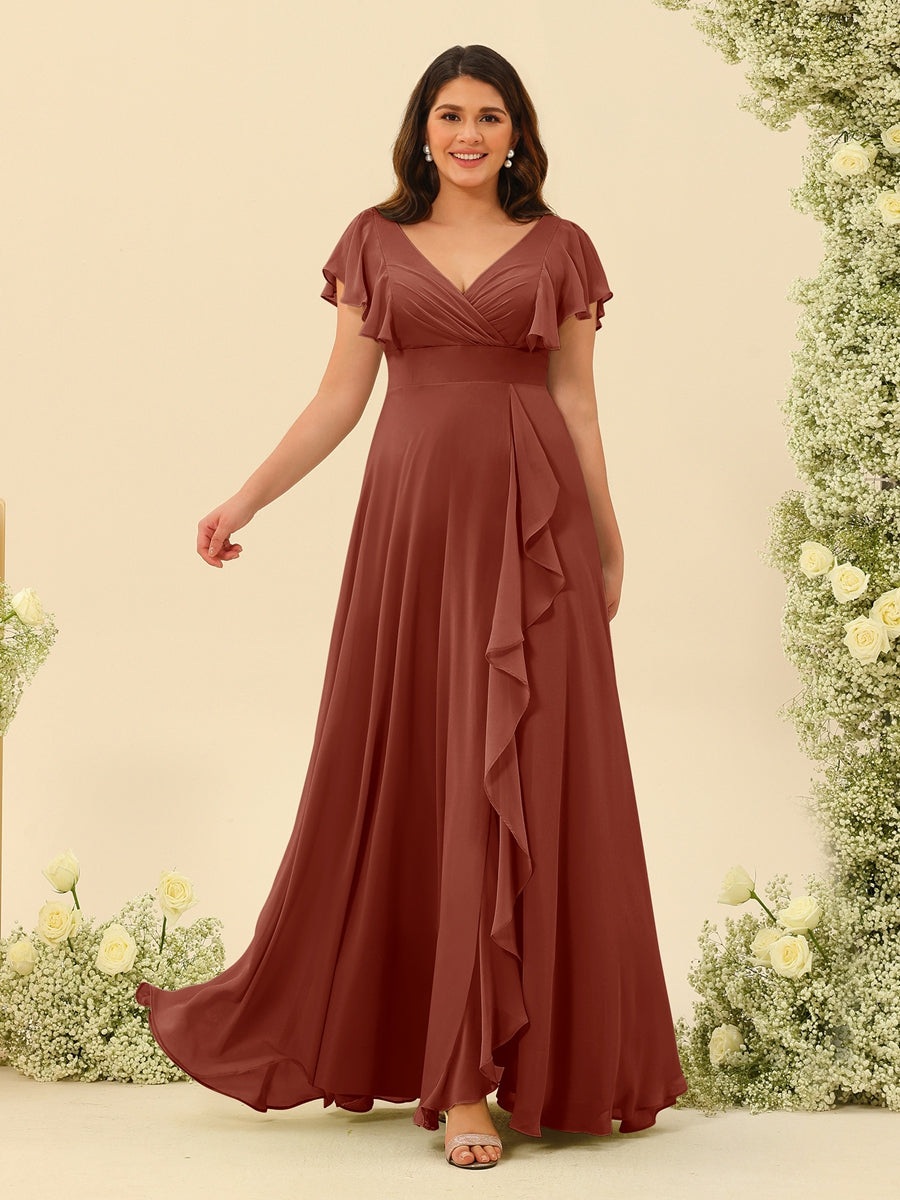 A-Line/Princess V-Neck Plus Size Bridesmaid Dresses with Ruffles Rust