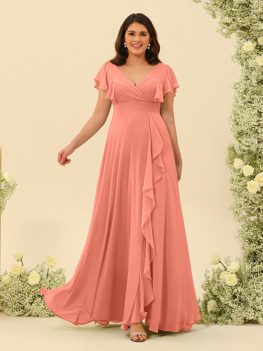 A-Line/Princess V-Neck Plus Size Bridesmaid Dresses with Ruffles Salmon