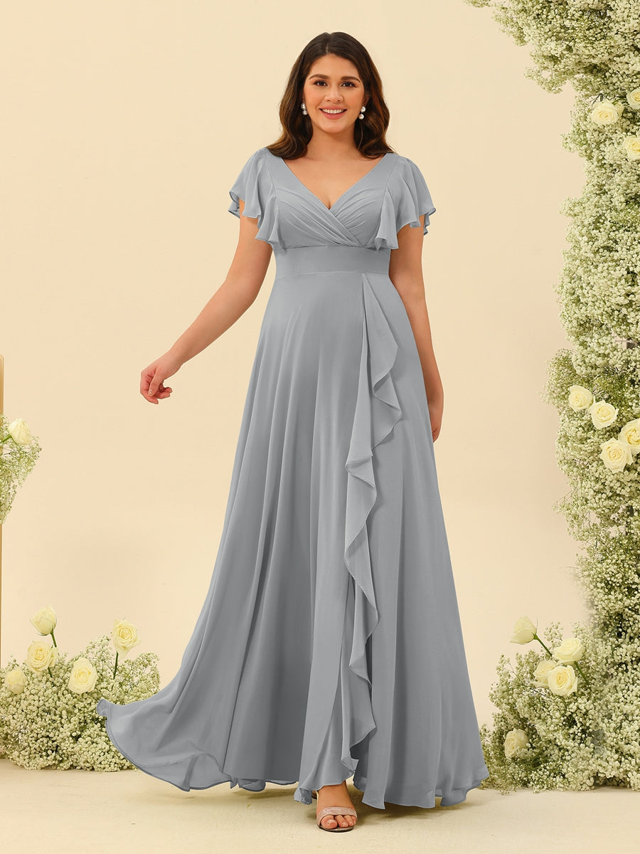A-Line/Princess V-Neck Plus Size Bridesmaid Dresses with Ruffles Silver