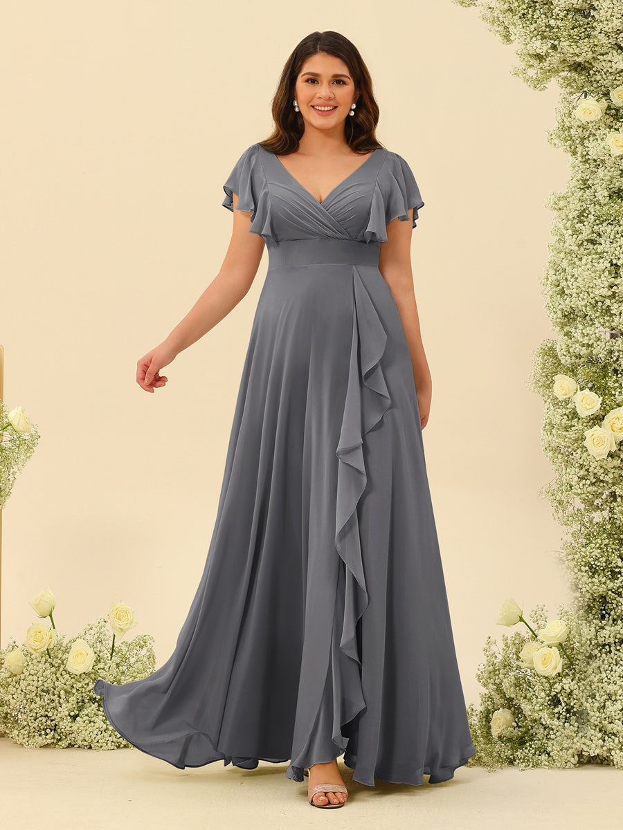 A-Line/Princess V-Neck Plus Size Bridesmaid Dresses with Ruffles Silver Gray