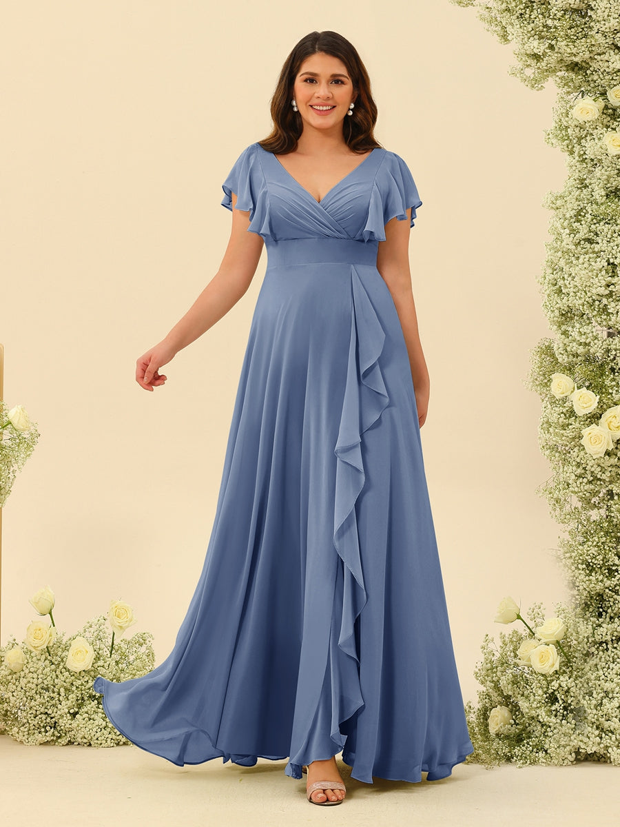 A-Line/Princess V-Neck Plus Size Bridesmaid Dresses with Ruffles Steel Blue