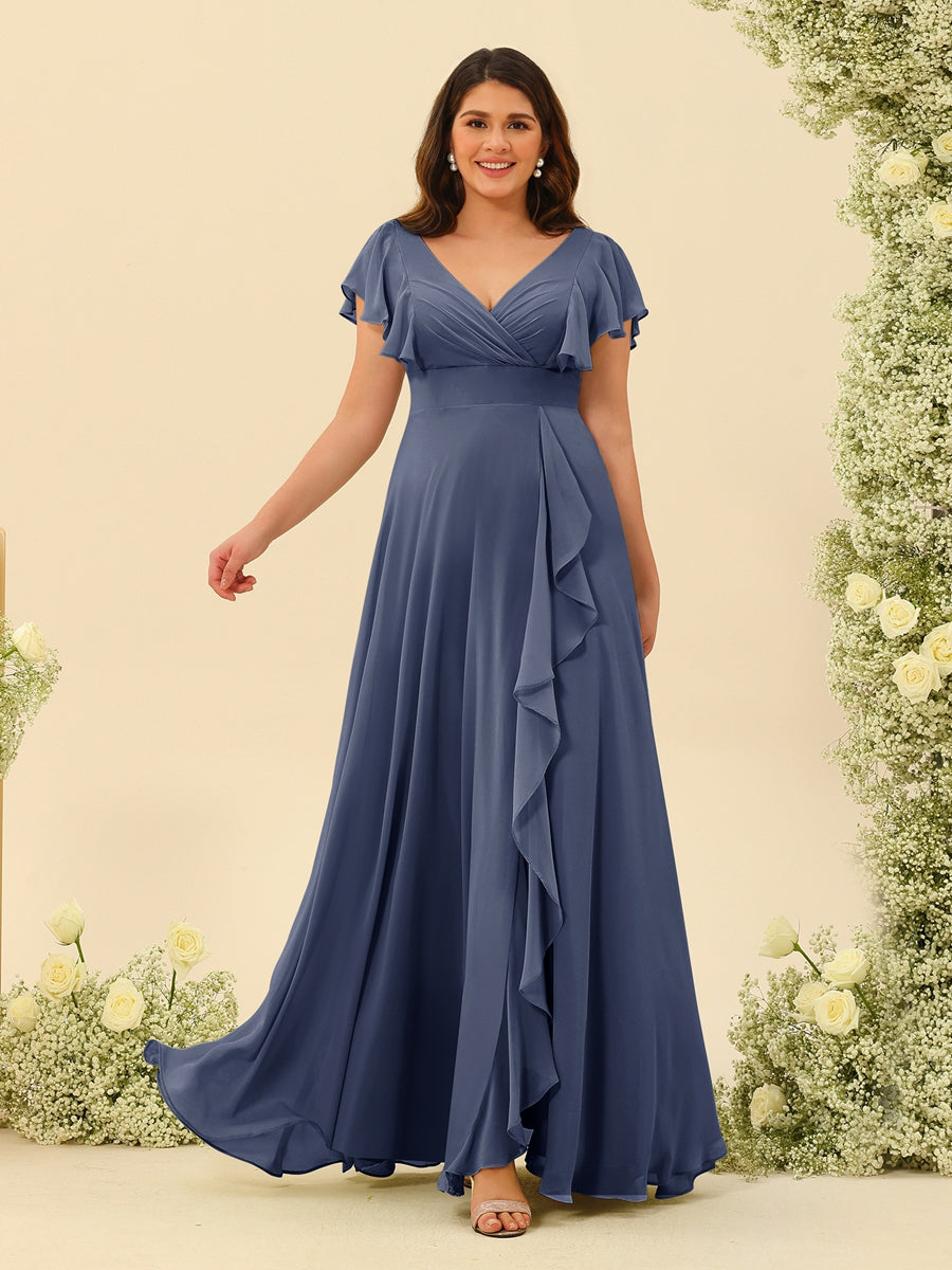 A-Line/Princess V-Neck Plus Size Bridesmaid Dresses with Ruffles Stormy Blue