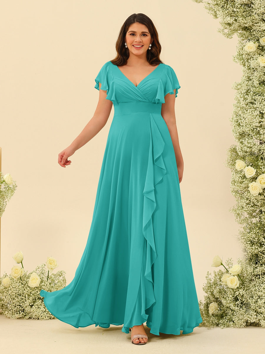 A-Line/Princess V-Neck Plus Size Bridesmaid Dresses with Ruffles Turquoise