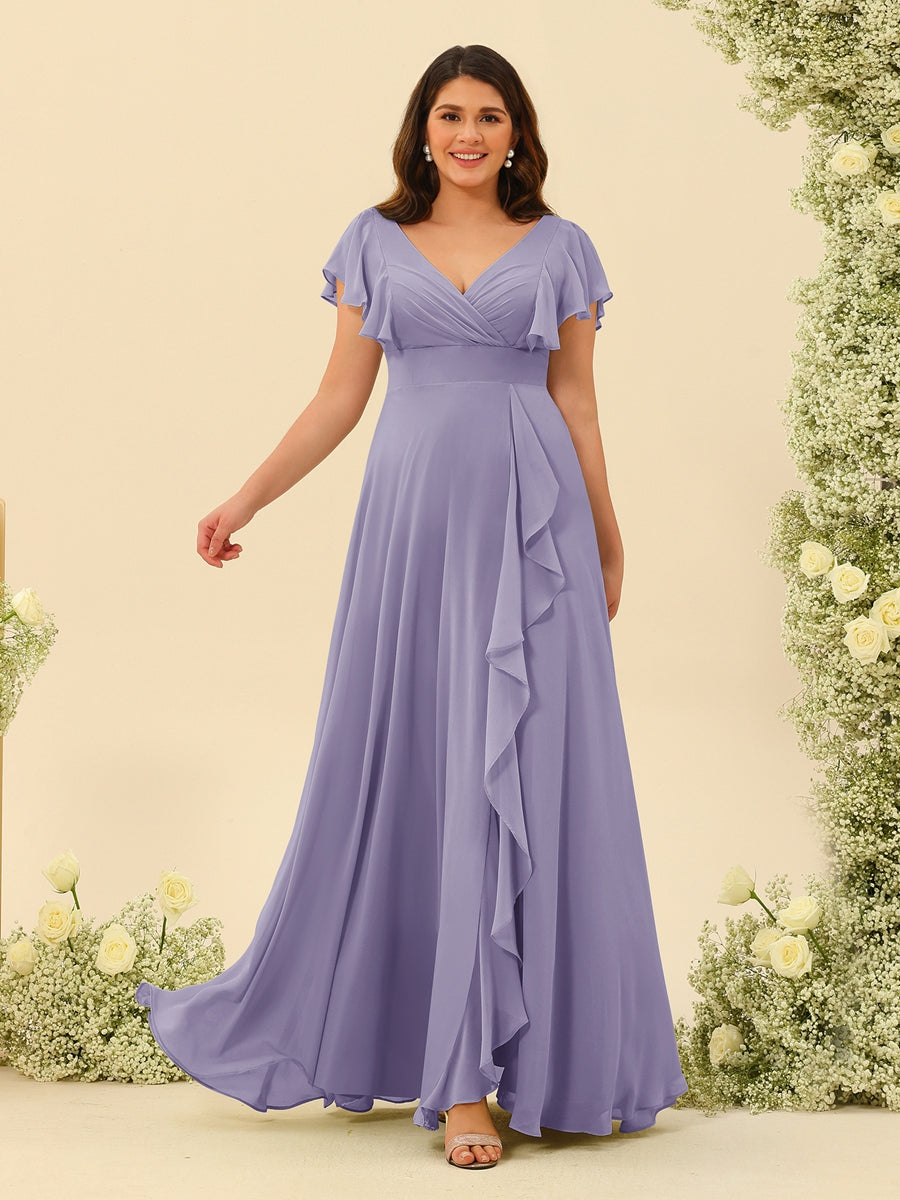 A-Line/Princess V-Neck Plus Size Bridesmaid Dresses with Ruffles Wisteria