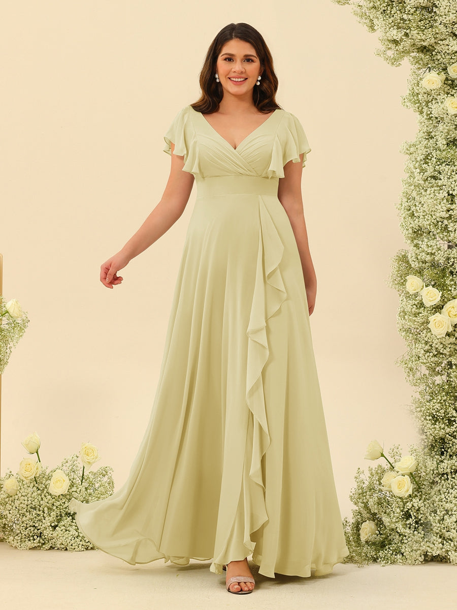 A-Line/Princess V-Neck Plus Size Bridesmaid Dresses with Ruffles Yellow