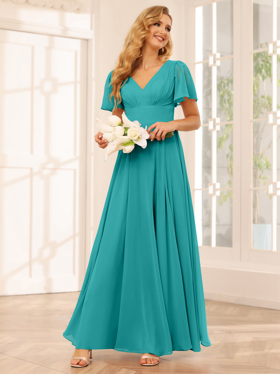 A-Line/Princess V-Neck Long Bridesmaid Dresses with Split Side Aqua Blue