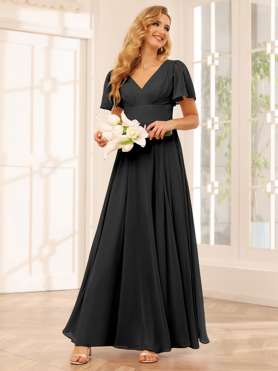 A-Line/Princess V-Neck Long Bridesmaid Dresses with Split Side Black