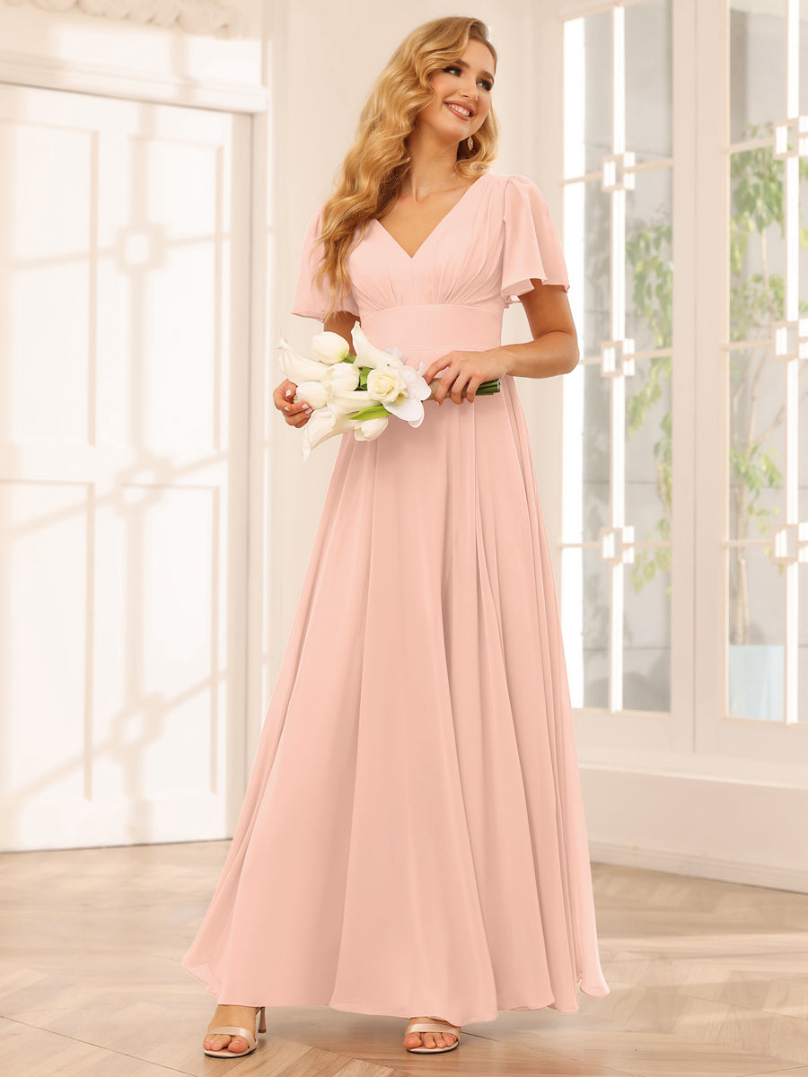 A-Line/Princess V-Neck Long Bridesmaid Dresses with Split Side Blush Pink