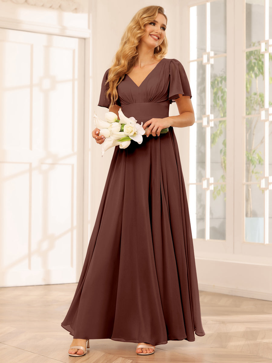 A-Line/Princess V-Neck Long Bridesmaid Dresses with Split Side Brown