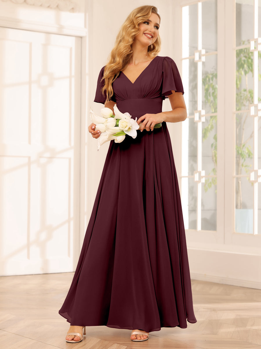 A-Line/Princess V-Neck Long Bridesmaid Dresses with Split Side Burgundy